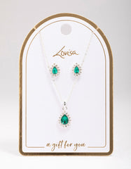 Silver Emerald Teardrop Diamante Jewellery Set