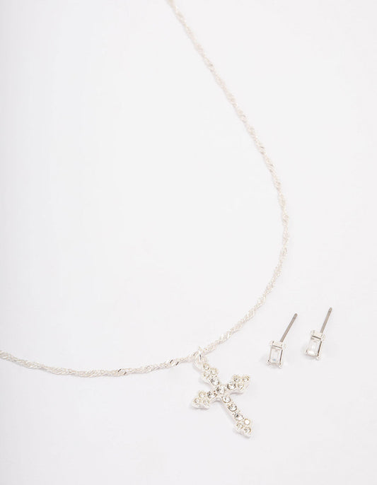 Silver Plated Diamante Cross Pendant Necklace & Stud Earring Set