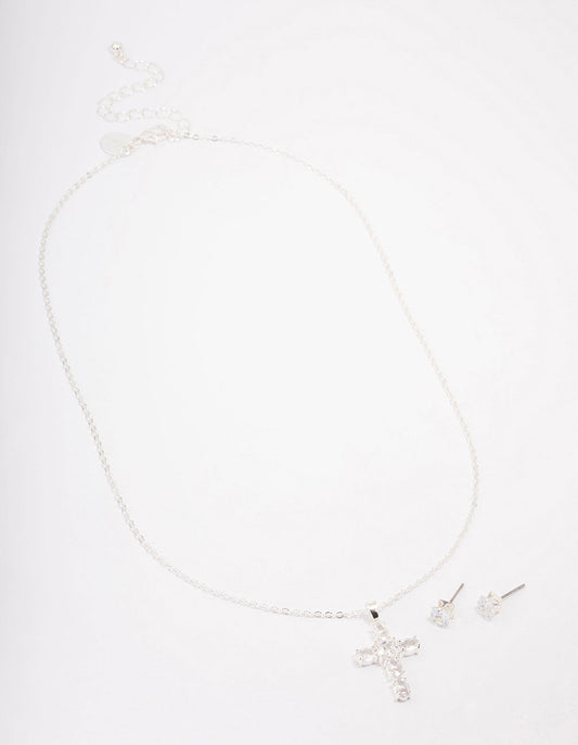 Silver Plated Cubic Zirconia Square Cross Pendant Necklace & Stud Earring Set