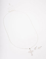 Silver Plated Cubic Zirconia Square Cross Pendant Necklace & Stud Earring Set