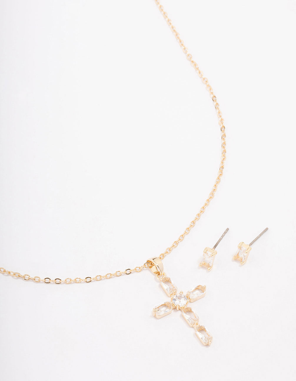 Gold Plated Diamante Cross Pendant Necklace & Stud Earring Set