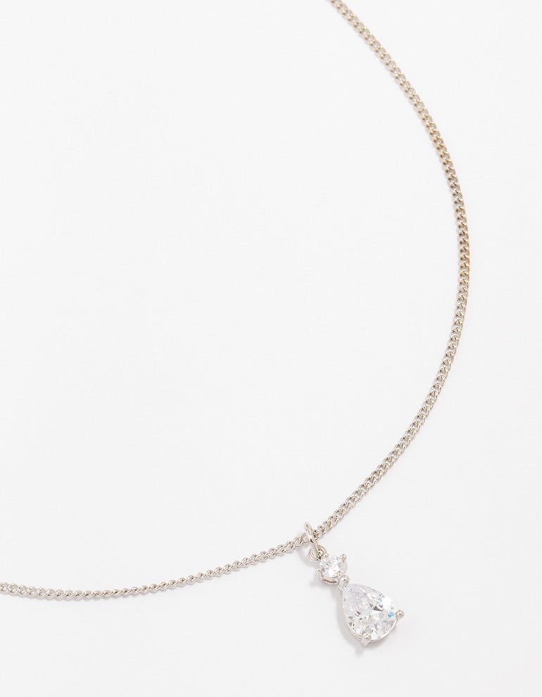 Silver Cubic Zirconia Pear Pendant Necklace
