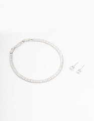 Silver Cubic Zirconia Baguette Tennis Bracelet & Earring Set