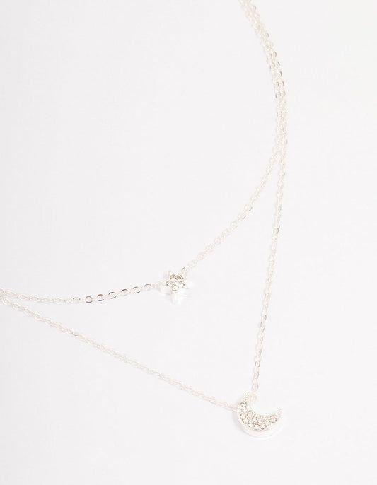 Silver Half Moon Star Double Layered Necklace