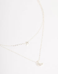 Silver Half Moon Star Double Layered Necklace