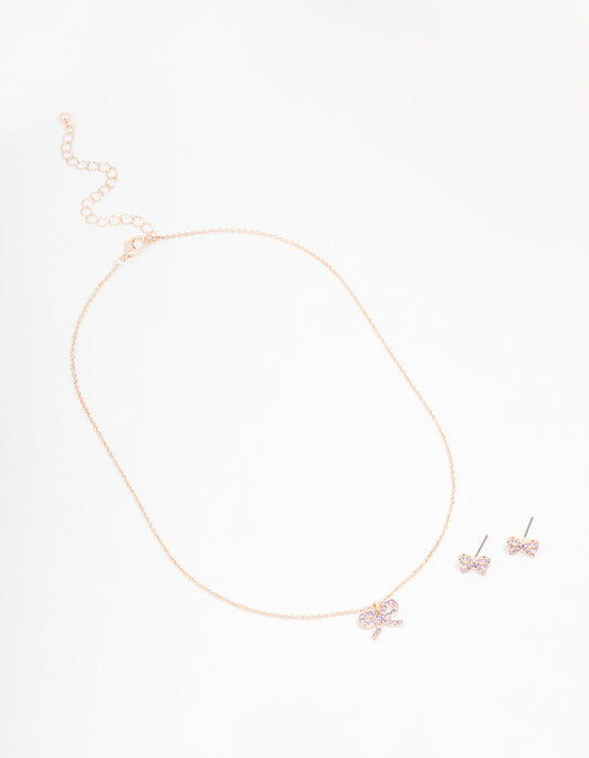 Rose Gold Bow Diamante Jewellery Set