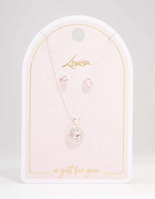 Silver Round Diamante Pink Halo Jewellery Set