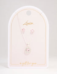Silver Round Diamante Pink Halo Jewellery Set