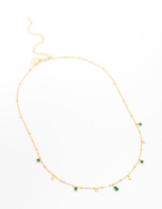 Gold Plated Cubic Zirconia Emerald Pear Dainty Station Necklace