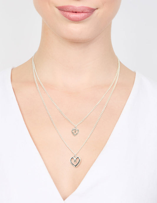 Silver Double Chain Heart Diamante Necklace
