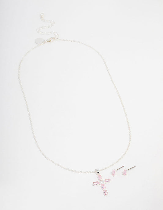 Silver Plated Diamante Cross Necklace & Stud Earrings Set