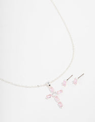 Silver Plated Diamante Cross Necklace & Stud Earrings Set