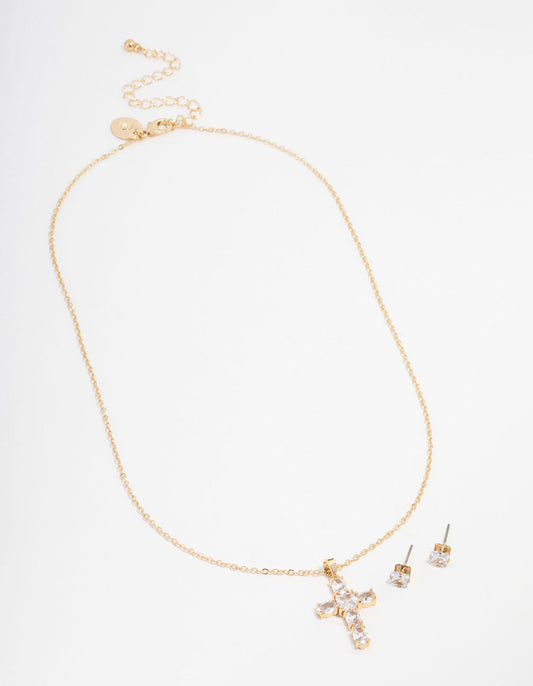 Gold Plated Cubic Zirconia Square Cross Necklace & Stud Earrings Set