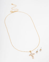 Gold Plated Cubic Zirconia Square Cross Necklace & Stud Earrings Set