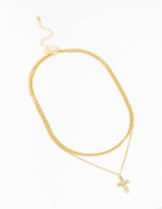Gold Plated Diamante Cross Layered Cross Pendant Necklace