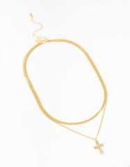 Gold Plated Diamante Cross Layered Cross Pendant Necklace