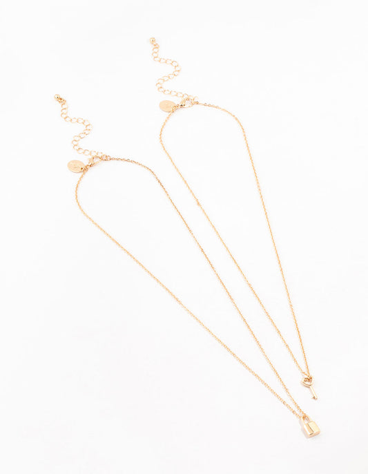Gold Lock & Key Necklace 2-Pack
