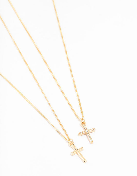 Gold Plain & Diamante Cross Necklace 2-Pack