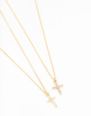 Gold Plain & Diamante Cross Necklace 2-Pack