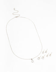 Silver Multiple Cubic Zirconia 6-Pack Stud Earrings & Necklace Set
