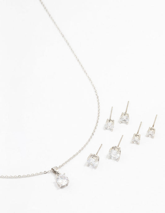 Silver Multiple Cubic Zirconia 6-Pack Stud Earrings & Necklace Set