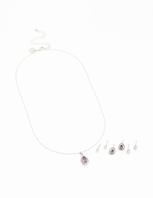 Silver Multiple Purple & Silver  Pear Earring & Necklace Set