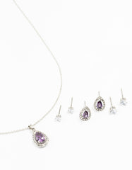 Silver Multiple Purple & Silver  Pear Earring & Necklace Set