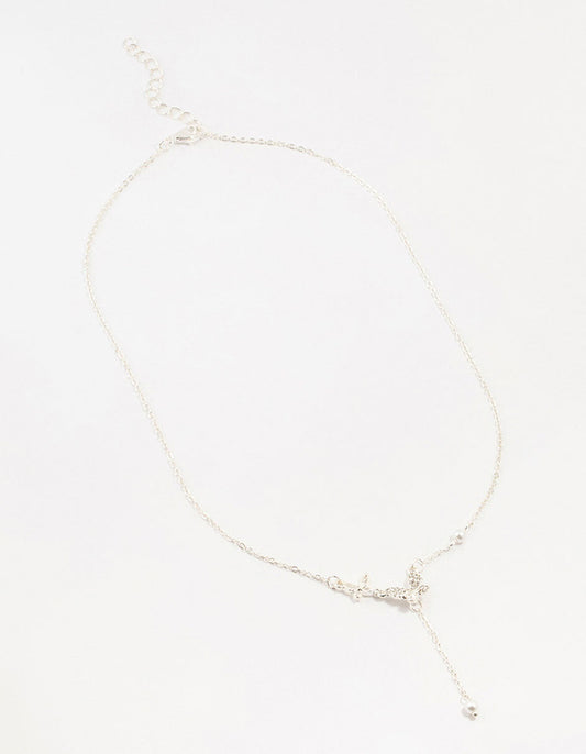 Silver Diamante Pearl Butterfly  Y-Necklace