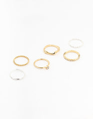 Mixed Metals Molten & Diamante Rings 6-Pack