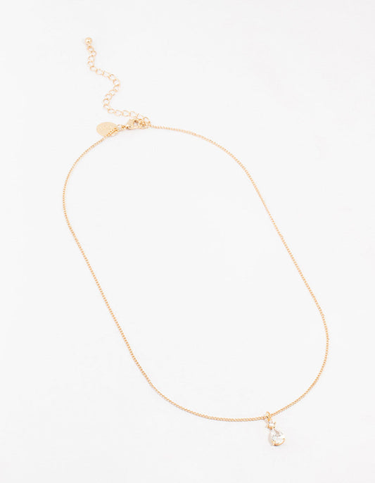 Gold Cubic Zirconia Pear Drop Pendant Necklace