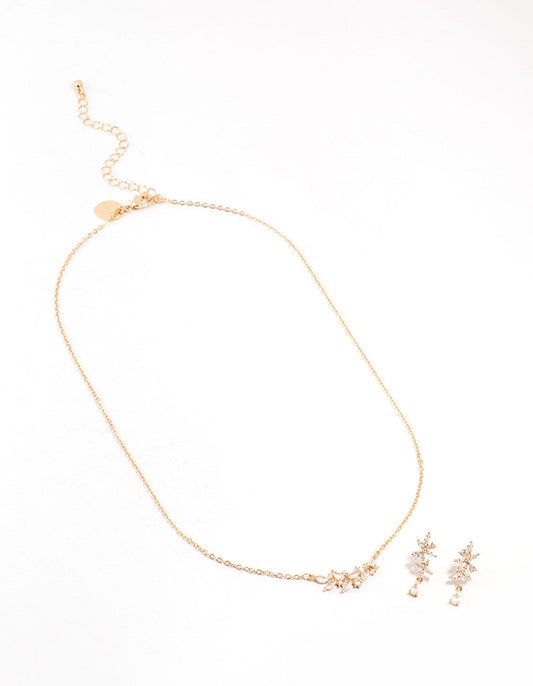 Gold Dainty Sparkle Flower Earrings & Necklace Set