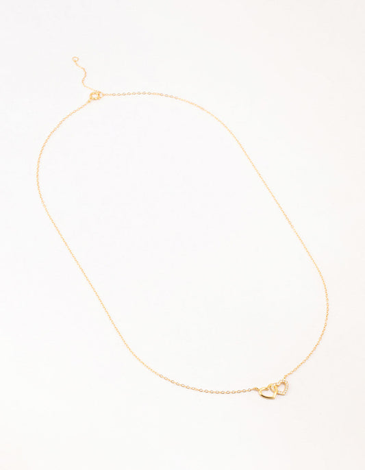 Gold Plated Sterling Silver Double Heart Cubic Zirconia Necklace