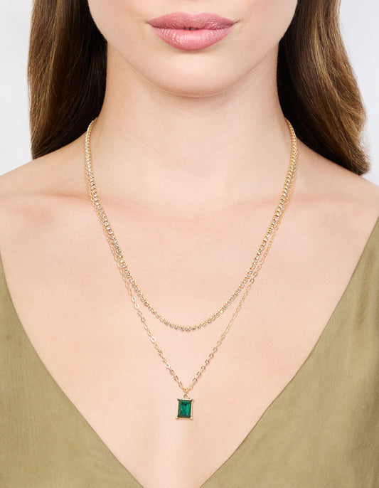 Gold Diamante & Baguette Cut Green Diamante Layered Necklace