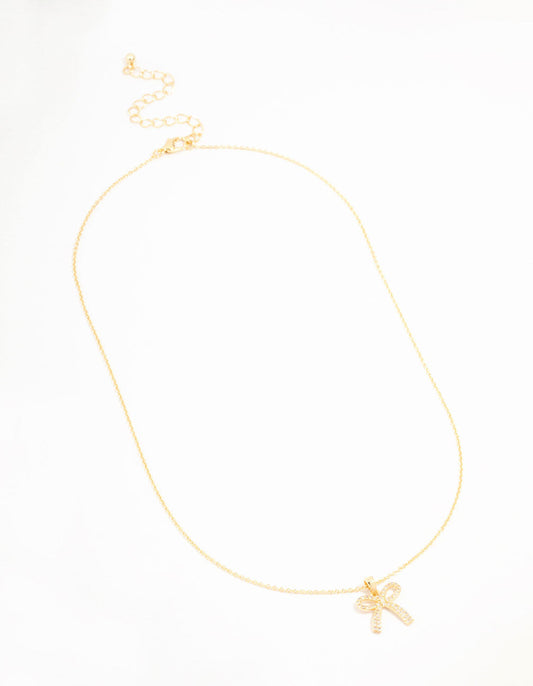 Gold Plated Pave Set Cubic Zirconia Bow Necklace