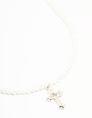 Silver Pearl Cross Pendant Necklace