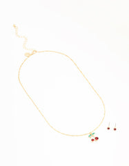 Gold Cherry Necklace & Red Diamante Earrings Set