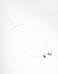 Silver Sapphire Teardrop Necklace & Earrings Set