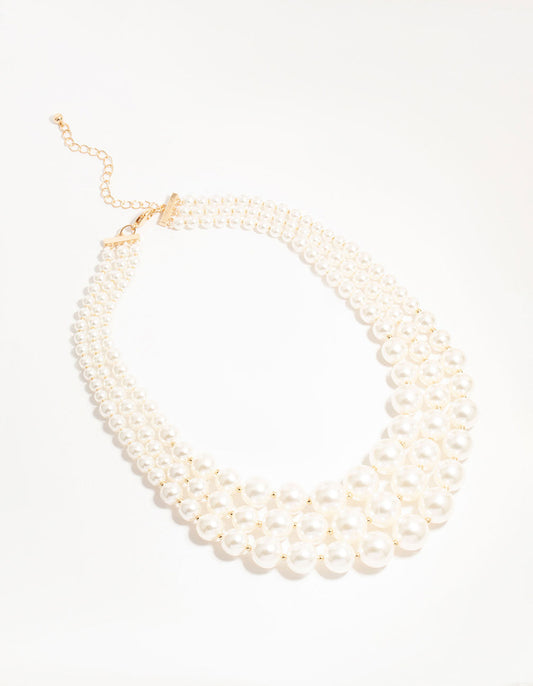 Gold Plated Pearl Triple Row Layered Necklace