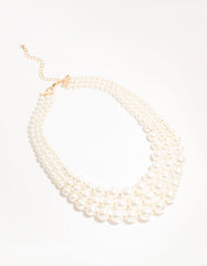 Gold Plated Pearl Triple Row Layered Necklace
