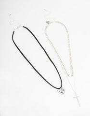 Silver Layered & Cord Pendant Necklaces 2-Pack