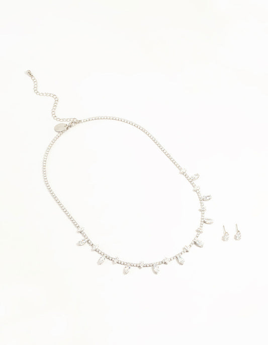 Silver Cubic Zirconia Navette Charm Earrings & Necklace Set