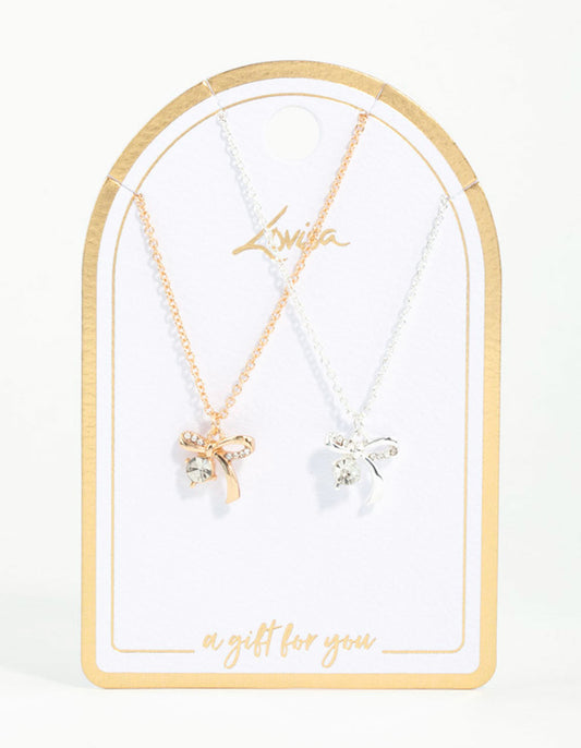 Mixed Metals Bow with Diamante Necklaces 2-Pack