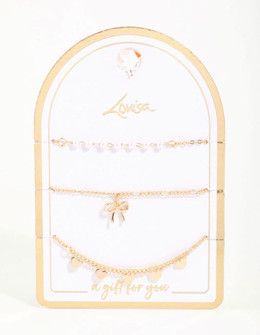 Gold Diamante Pearl Bow & Heart Bracelets 3-Pack
