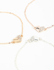 Mixed Metals Hearts Half Diamante Bracelets 3-Pack