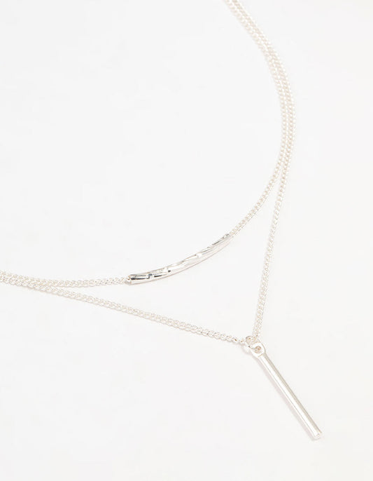 Silver Double Chain Bar Layered Necklace