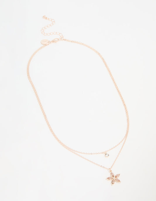 Rose Gold Diamante Flower Layered Necklace