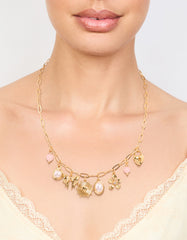 Gold Plated Pink Bead & Pearl Charm Necklace