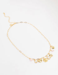 Gold Plated Pink Bead & Pearl Charm Necklace