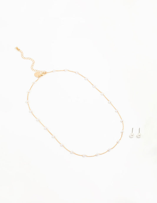 Gold Pearl Station Necklace & Earrings Set