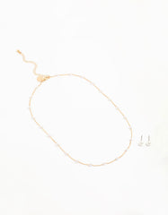 Gold Pearl Station Necklace & Earrings Set